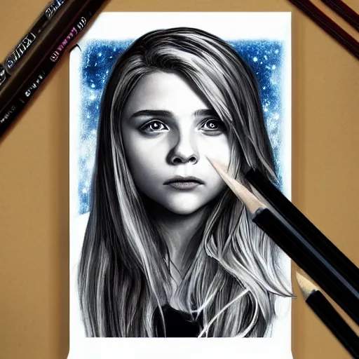 Image similar to “ chloe grace moretz portrait as a wizard from hogwarts, poster, digital drawing, realistic, sharp focus, magic, magic wand, spells, stars, creatures ”