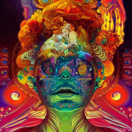 Image similar to An extremely psychedelic experience, colorful, surreal, dramatic lighting, cosmonaut, LSD, face, detailed, intricate, elegant, highly detailed, digital painting, artstation, concept art, smooth, sharp focus, illustration, art by Sam Spratt, Dan Mumford, Artem Demura and Alphonse Mucha