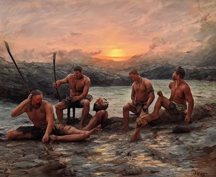 Image similar to barbarian men wait patiently for sunset, art by denys tsiperko and bogdan rezunenko, hyperrealism