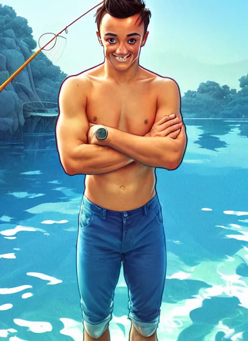 Image similar to cute fisherman tom daley, natural lighting, path traced, highly detailed, high quality, digital painting, by don bluth and ross tran and studio ghibli and alphonse mucha, artgerm