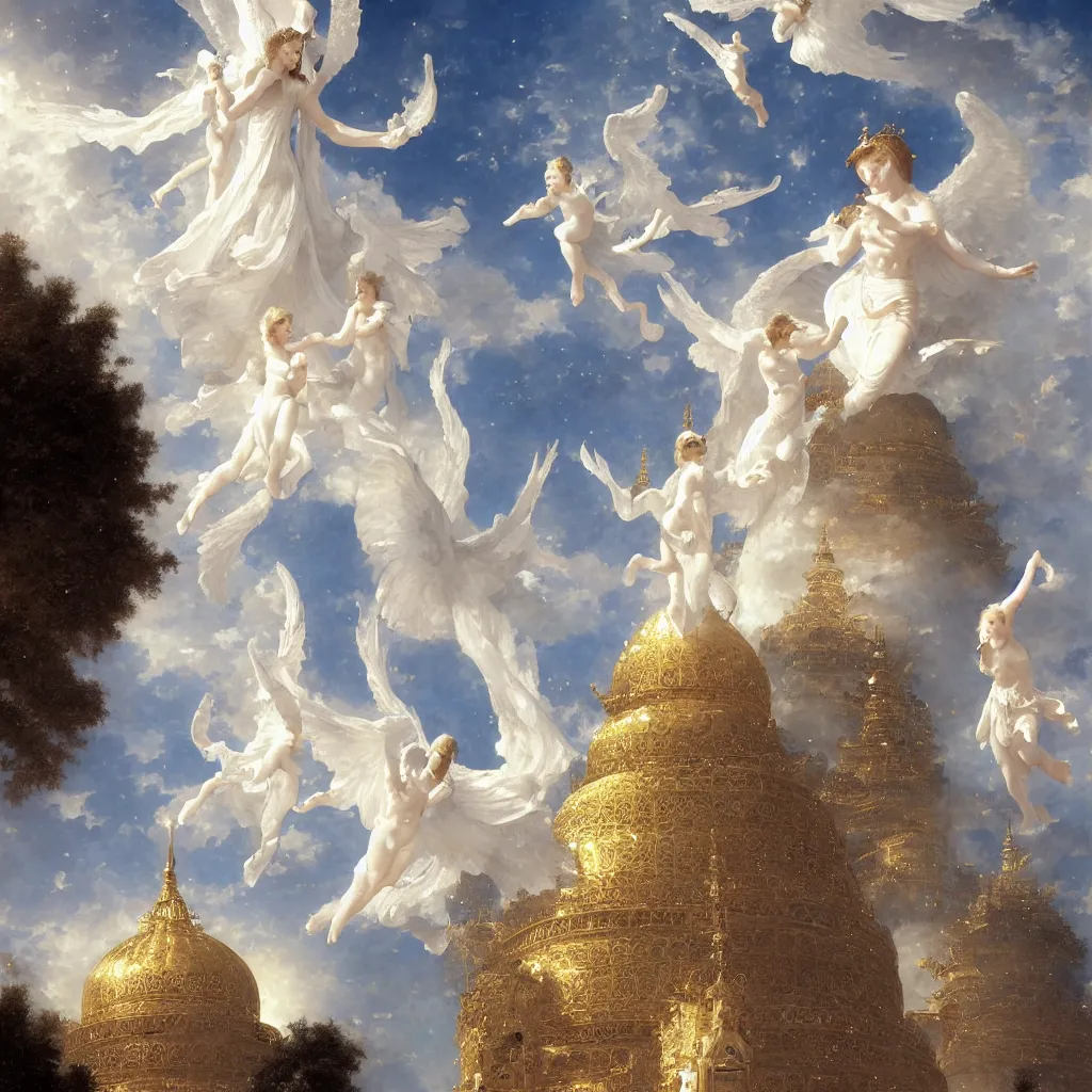 Prompt: Highest tower Temple in Heaven, heavenly temple, capital angel tower in space, intricate, elegant, highly detailed, warm bright white light, heaven planet in background, godlike temperature, colossal tower, digital painting, artstation, concept art, smooth, detailed oil painting by Bouguereau