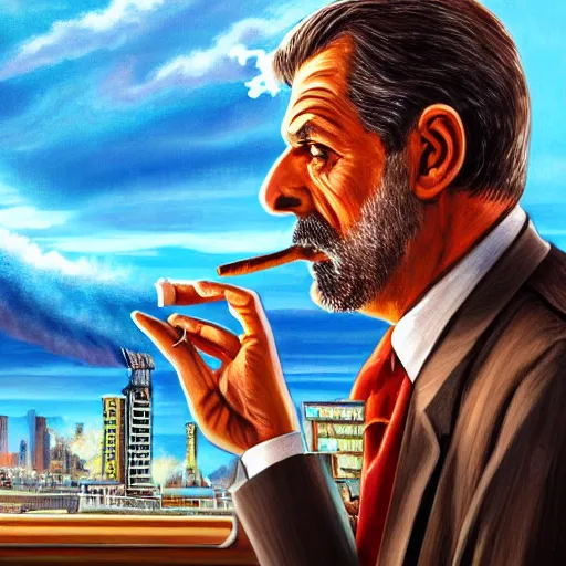 Prompt: Mr. House, realistic, highly detailed face, looks at the big explosion ,nuclear fungus,explosion, from the window of the Lucky 38 Casino, man smokes a cigar, holding in his Hand, hyperdetailed, artstation trending, ultra HD, artstation, photorealism, ultrarealistic, retro, 45mm, elegant,