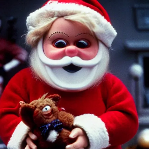 Image similar to santa claus holding chucky the killer doll from the movie child's play