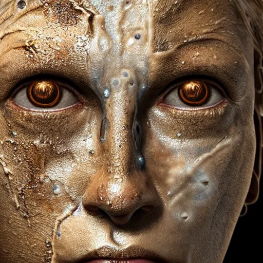 Image similar to photo taken of an epic intricate, ultra detailed, super realistic gritty, wet, lifelike sculpture of an humanoid android creature with bioluminescent patches of skin created by weta workshop, zoomed in shots, subsurface scattering, photorealistic, sharp focus, white wall coloured workshop, cold colour temperature, f 0. 4, face centred, golden ratio,