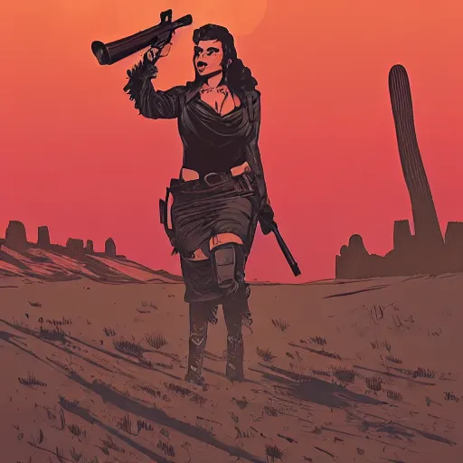 Image similar to a comic noir illustration of a wild western woman hunting in a post - apocalyptic desert, mad max, by queens of the stone age, by sachin teng, 8 k, hyperrealistic, high contrast, dark vibes, pastel lighting, depth of field