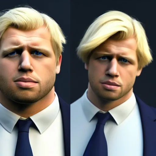 Prompt: muscular chad gigachad handsome boris johnson with thick blonde hair, boris johnson as a chad with thick blonde hair, strong jawline, good posture, and wearing a suit, realistic, hyperrealistic, 8 k resolution, highly detailed, very detailed, hd quality, intricate details, trending on artstation