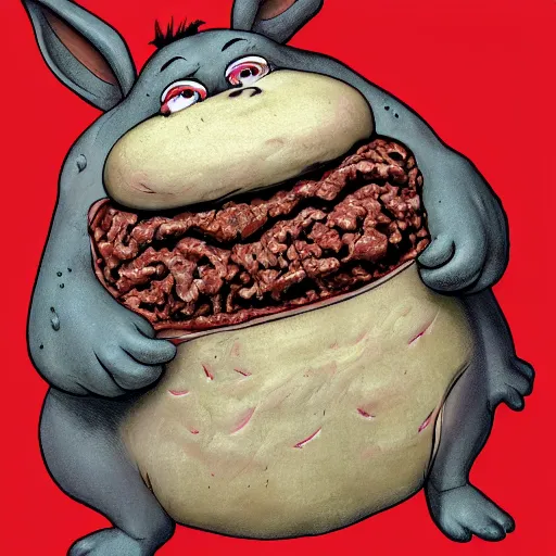 Prompt: big chungus big eyes wide open, horrific sentient meatloaf, holding meatloaf, sloppy, gross, meatloaf, hyper realistic, terrifying, disturbing, strange, bizarre, masterpiece, meatloaf is everywhere, ground beef bloody, liquid, 4 k, vivid colors, elegant, highly detailed, john park, frazetta, john howe, ruan jia, jeffrey catherine jones