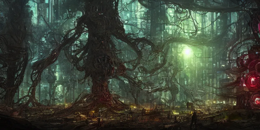 Image similar to yggdrasil growing in a dark forest where gears and electronic parts grow on the trees , cyberpunk landscape wallpaper, d&d art, fantasy, painted, 4k, high detail, sharp focus