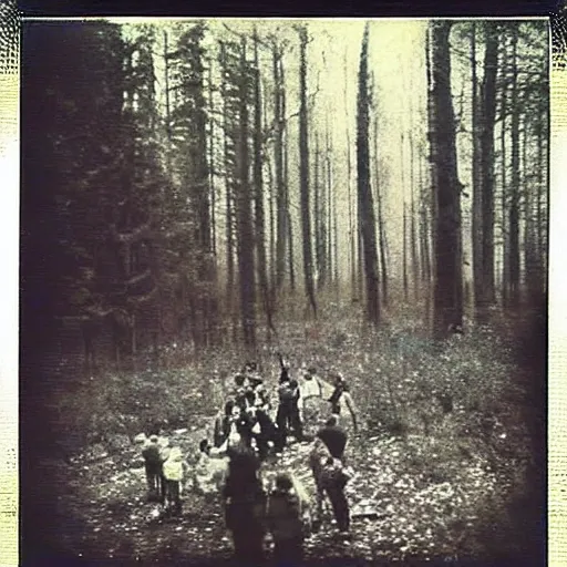 Image similar to dark forest party in 1 9 6 9, polaroid photo, perfect photo, photo pinterest