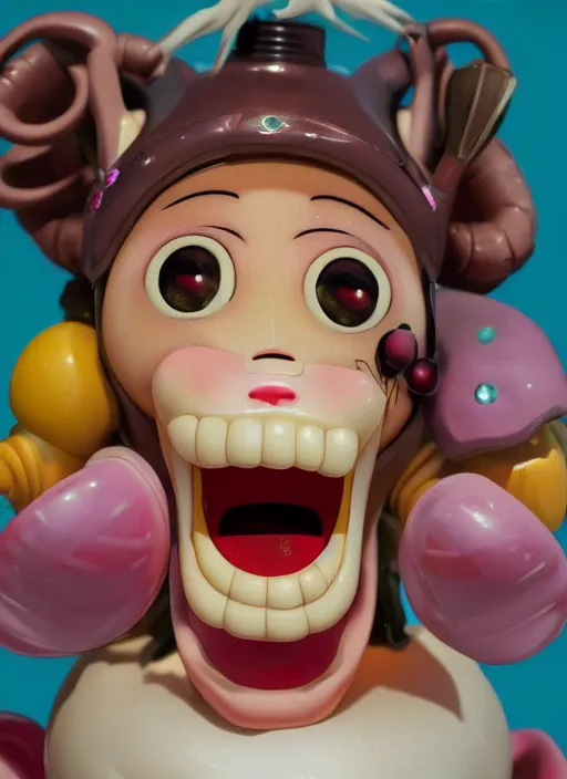 Prompt: a hyperrealistic lowbrow oil panting of a looney kawaii vocaloid figurine caricature with a big dumb goofy grin and pretty sparkling anime eyes featured on Wallace and Gromit by William Holman Hunt