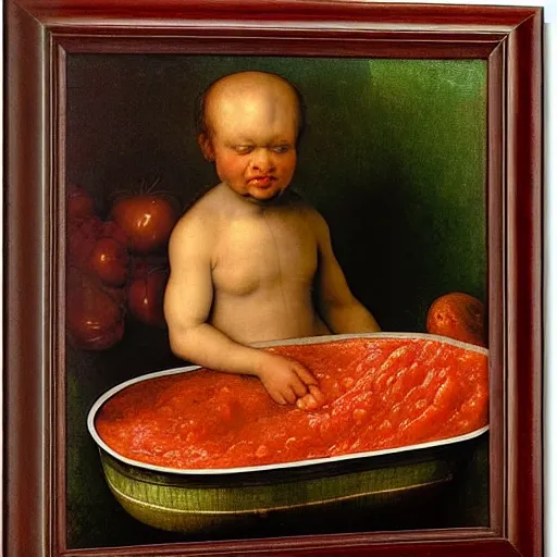 Image similar to a boy sitting in a tub full of tomato sauce, a lot of cabbage, dinner is served, by giuseppe arcimboldo, odd nerdrum and ambrosius benson, renaissance, fruit, intricate and intense oil paint, realistic