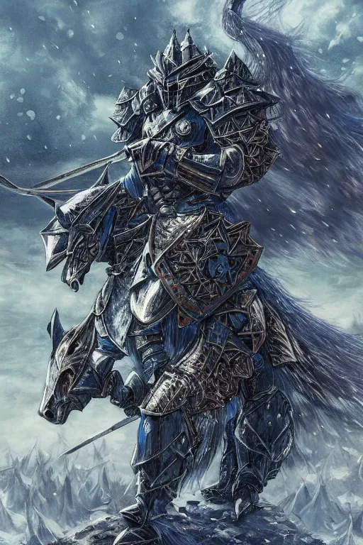 Image similar to a full body shot of an azure knight warrior by Kentaro Miura, Wolf themed armour, colored by Ronda Pattison, heavy armor, kingdom under fire in the background, dark colors, highly detailed, trending on artstation, CGsociety, exquisite detail, post-processing, masterpiece, volumetric lighting, cinematic, hypermaximalistic, high details, cinematic, 8k resolution, beautiful detailed, insanely intricate details