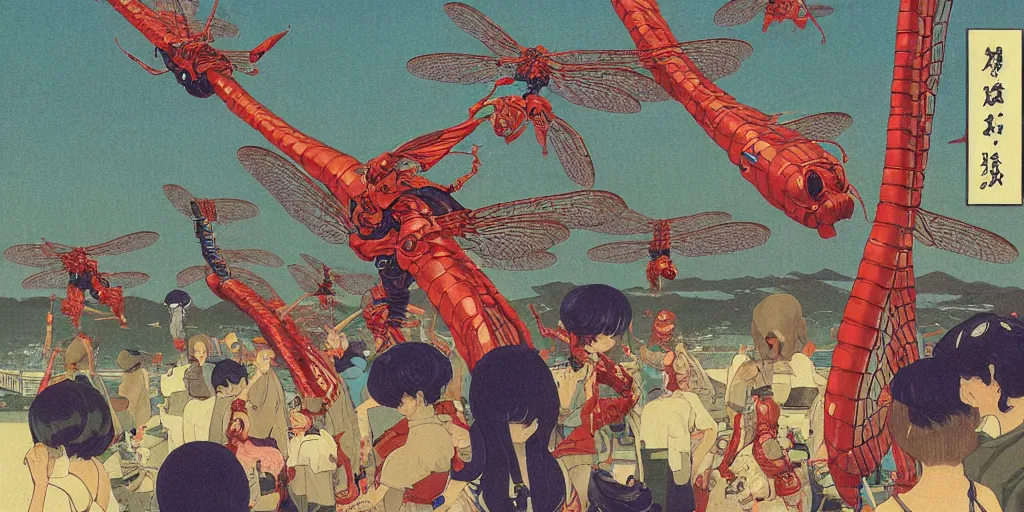 Image similar to gigantic dragonflies with human faces catch tiny robots, a lot of exotic mechas robots around, human heads everywhere, risograph by kawase hasui, dirtyrobot, edward hopper, satoshi kon and moebius, colorful flat surreal design, super - detailed, a lot of tiny details, full - shot, grainy