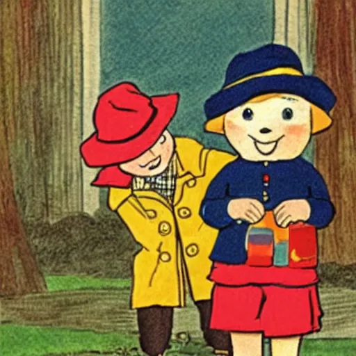 Image similar to an illustration from a children's book featuring paddington bear and pippi