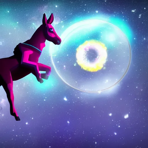 Prompt: cyberpunk donkey superhero, flying through space, ultrarealistic, with a spiral galaxy in the background