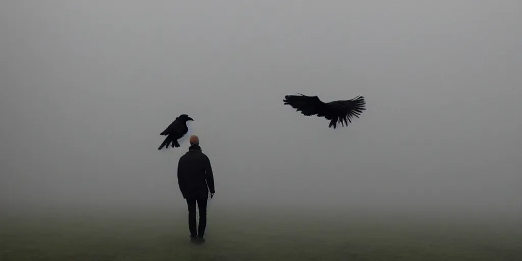 Image similar to a man with a raven instead of a head standing in the mist, fog, scary