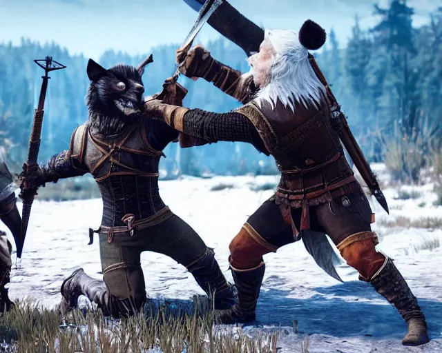 Image similar to gerald of rivia fighting with fursuit people from witcher 3 ( 2 0 1 5 videogame ), cinematic, concept art, loading screen