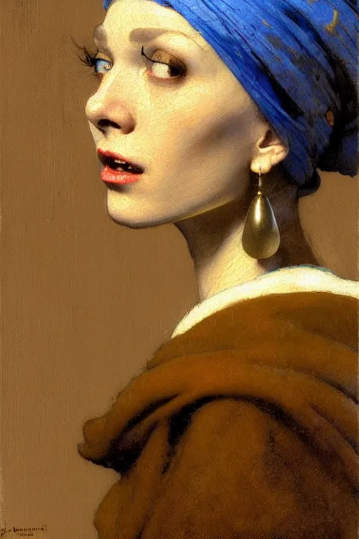 Image similar to full character portrait fallout video game character not the girl with the pearl earring character design, painting by gaston bussiere, katsuya terada, nc wyeth, greg rutkowski, craig mullins, vermeer, frank frazetta, mucha, tom of finland, trending on artstation, jeffery catherine jones