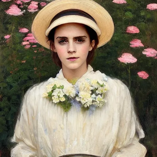 Image similar to very thick paint brush strokes paint texture full body fashion model emma watson by Jeremy Lipking by Hasui Kawase by Richard Schmid (((smokey eyes makeup eye shadow fantasy, glow, shimmer as victorian woman in a long white frilly lace dress and a large white hat having tea in a sunroom filled with flowers, roses and lush fern flowers ,intricate, night, highly detailed, dramatic lighting))) , high quality