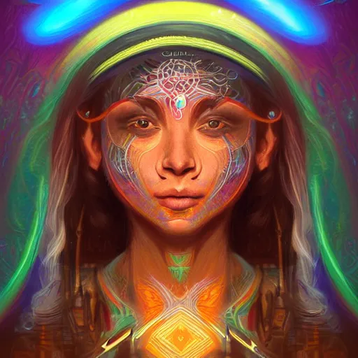 Image similar to portrait of a future metaverse Ayahuasca tech shaman warrior, 2D cartoon, visionary art, symmetric, Magick symbols, holy halo, shipibo patterns, sci-fi, concept art, trending on art station, 8k digital art, by Mandy Jurgens, fantasy portrait art, anime