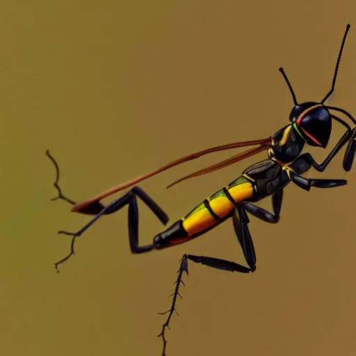 Prompt: wasp and praying mantis morphed together, half praying mantis and half wasp, praying mantis like proportions,