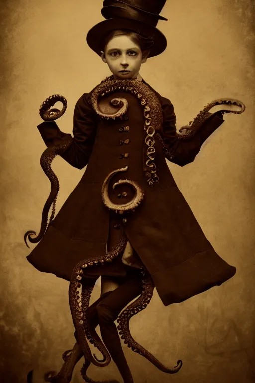 Image similar to wet plate photograph portrait of a victorian - era anthropomorphic octopus child dressed in a victorian - era clothing, dramatic lighting, highly detailed, digital painting, artstation, concept art, smooth, sharp focus, illustration, art by wlop, mars ravelo and greg rutkowski