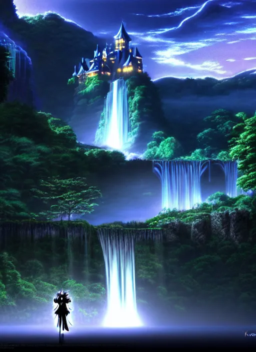 Image similar to magical castle, waterfall, river, nighttime, scenery wallpaper aesthetic, anime style, first person view, beautiful, cinematic, dramatic, super detailed and intricate, hyper realistic, 4 k render, by kentaro miura, by koson ohara, by darwyn cooke