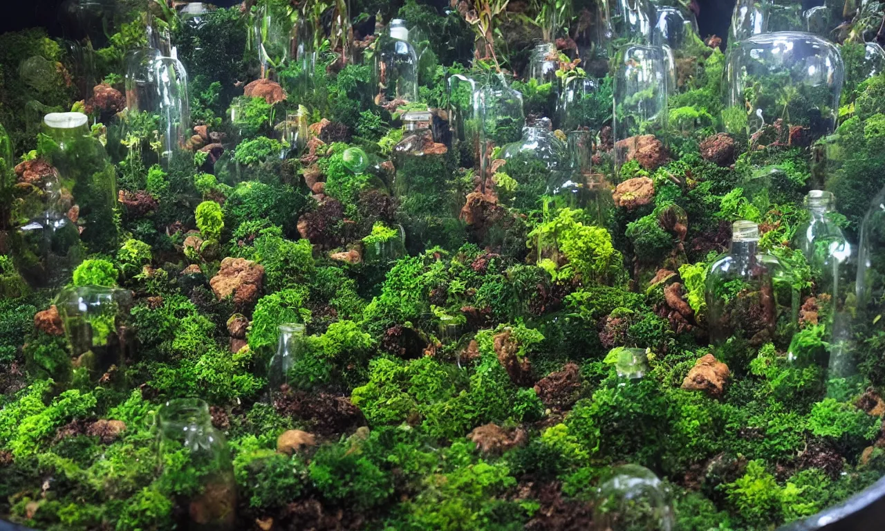 Image similar to terrarium worlds made of lush rainforests in mccartney bottles 8 k /