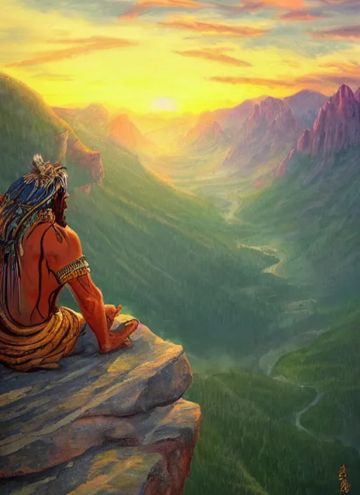 Prompt: an shaman sitting at the top of a cliff, looking down at the valley, doing a vision quest, beautiful sunset, dnd art