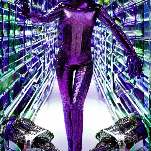 Image similar to hi - fructose mag photo, inside a futuristic detailed alien jungle made out of shiny reflective chrome, futuristic android with limbs made out of stretchy rubber tubing mixed with shiny colorful giant intricate detailed chrome gauntlets and chest piece and discoball mask, wearing a long purple velvet cape, fog and mist