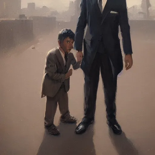 Image similar to oil painting of a man in a suit indifferent to an orphan boy who asks, by greg rutkowski, artstation