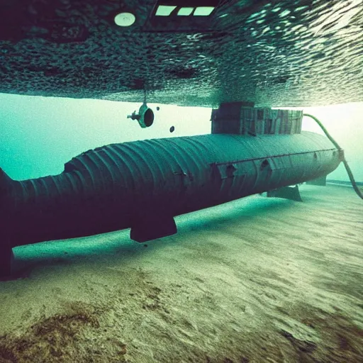 Image similar to an award winning underwater photo! of a submerged submarine, submarine!!! cross!!!! section!!!!, 4 k, inside of a submarine, high quality