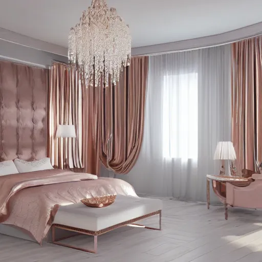 Image similar to 3 d render of white bedroom with rose gold metallic accents