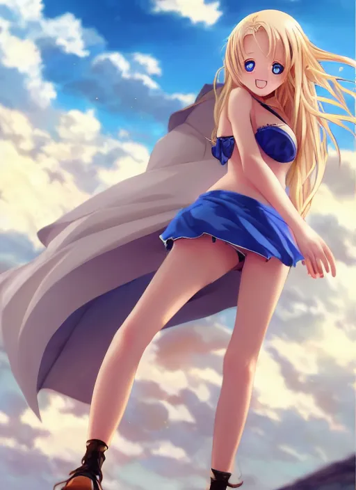 Image similar to a very beautiful young anime giantess with her tiny dad, full body, long wavy blond hair, sky blue eyes, full round face, evil grin, bikini, miniskirt, front view, mid - shot, highly detailed, cinematic wallpaper by stanley artgerm lau
