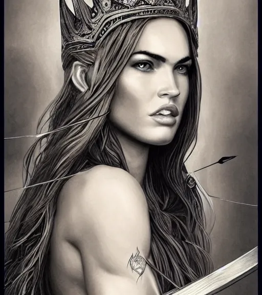 Prompt: portrait of megan fox as beautiful aphrodite goddess as an archer, arrow crown, beautiful piercing eyes, flowing blonde hair, realistic face, black and white drawing, in the style of greg rutkowski, fantasy, amazing detail, epic, intricate, elegant, smooth, sharp focus
