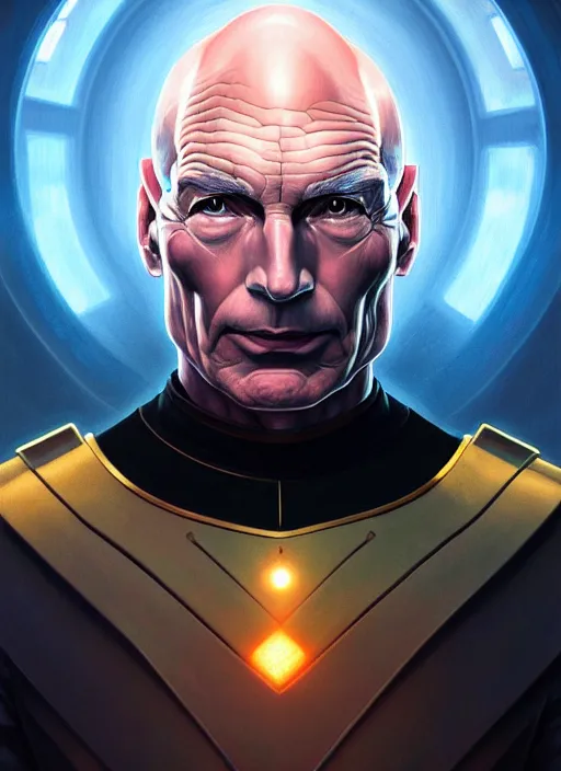 Image similar to Symmetry!! portrait of Captain Picard, warrior in sci-fi armour, tech wear, muscular!! Glowing lights!! sci-fi, intricate, elegant, highly detailed, digital painting, artstation, concept art, smooth, sharp focus, illustration, art by artgerm and greg rutkowski and alphonse mucha