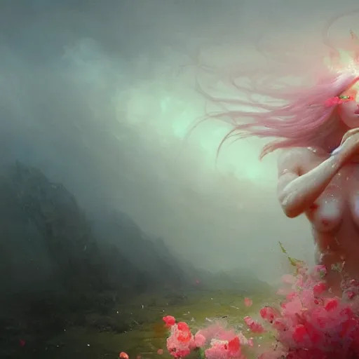 Image similar to cinematic shot epic portrait an flower goddess, glowing eyes, sweaty skin, wet pink flowing hair, flower blurry backround, broad light, ambient occlusion, volumetric light effect, made by ivan aivazovsky, peter mohrbacher, greg rutkowski, matte painting, trending on artstation, 4 k, perfectly defined features, digital painting,