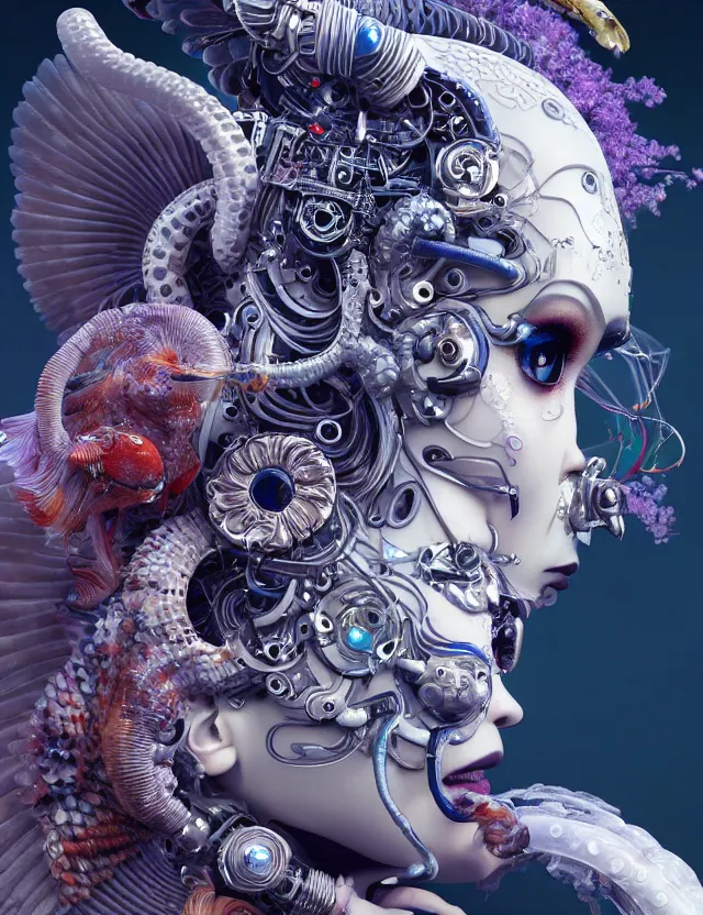 Image similar to 3 d goddess cyborg close - up profile portrait with ram skull. beautiful intricately detailed japanese crow kitsune mask and clasical japanese kimono. betta fish, jellyfish phoenix, bio luminescent, plasma, ice, water, wind, creature, artwork by tooth wu and wlop and beeple and greg rutkowski