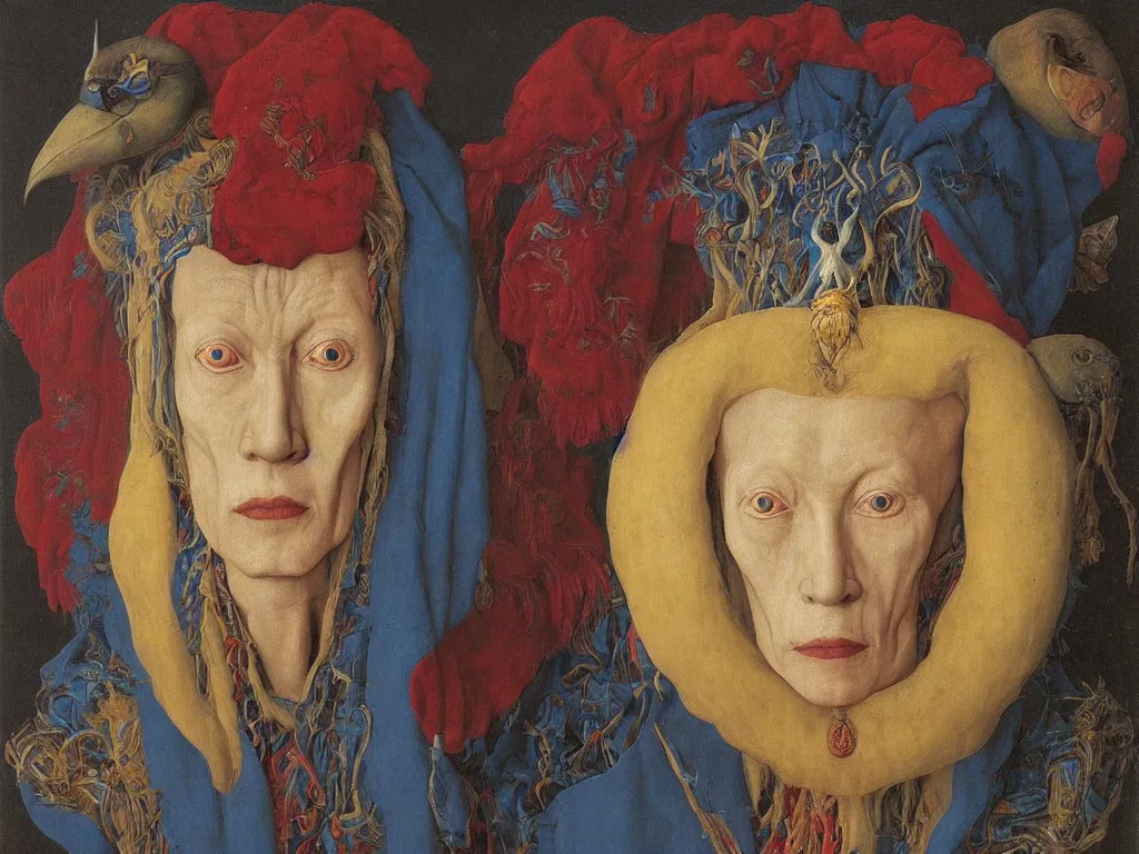 Prompt: Portrait of albino mystic with blue eyes, with beautiful exotic Tibetan shamanic death mask. Painting by Jan van Eyck, Audubon, Rene Magritte, Agnes Pelton, Max Ernst, Walton Ford