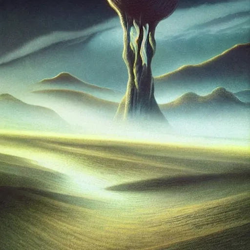 Image similar to artistic digital artwork of an epic natural scene on an alien planet. beautiful landscape by vincent bons, michael whelan, remedios varo and gerardo dottori. grainy and rough. interesting pastel colour palette. beautiful light. oil and water colour based on high quality render.