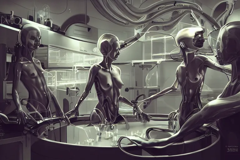 Image similar to androgynous cyborgs creating humans in a sophisticated bio lab, specimens submerged in incubators, sci - fi, neon lighting, sophisticated, futuristic, highly detailed, intricate, sharp focus, digital illustration, smooth, by artgerm, wlop, syd meade, greg rutkowski, trending on artstation