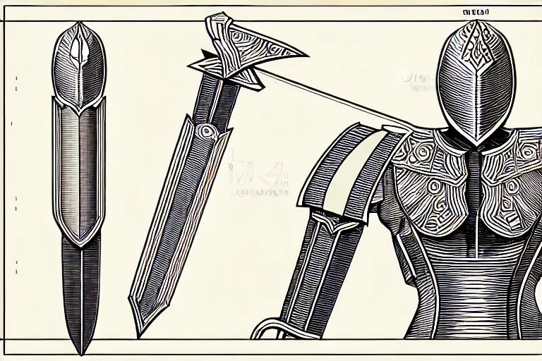 Prompt: schematic diagram of a longsword, ultra detailed, 4 k, papyrus, intricate, encyclopedia illustration, fine inking lines