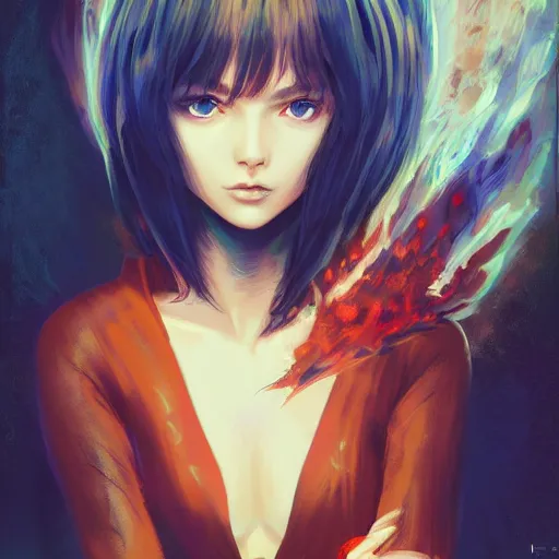 Image similar to A fire witch with big and cute eyes, fine-face, realistic shaded perfect face, fine details. realistic shaded lighting poster by Ilya Kuvshinov katsuhiro otomo ghost-in-the-shell, magali villeneuve, artgerm, Jeremy Lipkin and Michael Garmash, Rob Rey and Kentarõ Miura style, trending on art station