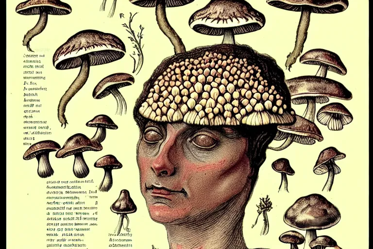 Image similar to a page from an old botany book of a woman with mushrooms sprouting all over her skin who looks distressed. in the style of franz kafka the metamorphosis. trending on artstation.