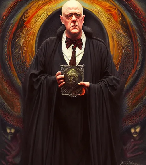 Image similar to A Magical Portrait of Aleister Crowley and the Great Mage of Thelema, art by Tom Bagshaw and Greg Simkins and Donato Giancola