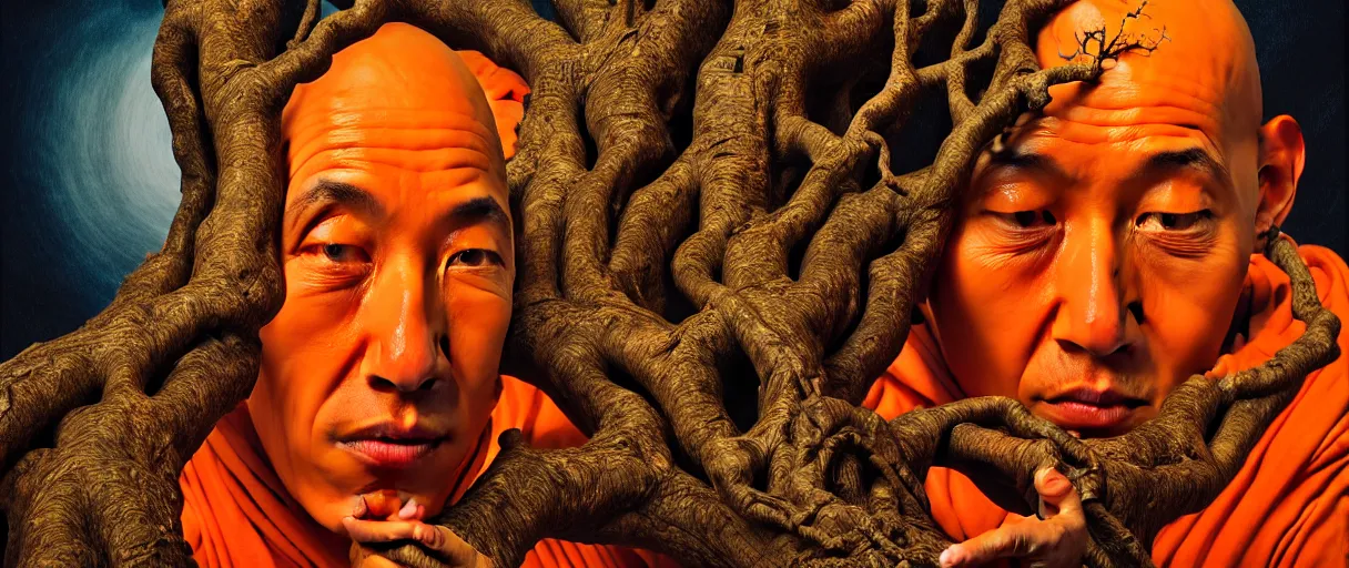 Image similar to hyperrealistic hyper detailed baroque 35mm portrait of cyborg monk praying to a giant oak tree matte painting concept art dali hannah yata very dramatic orange lighting low angle hd 8k sharp shallow depth of field