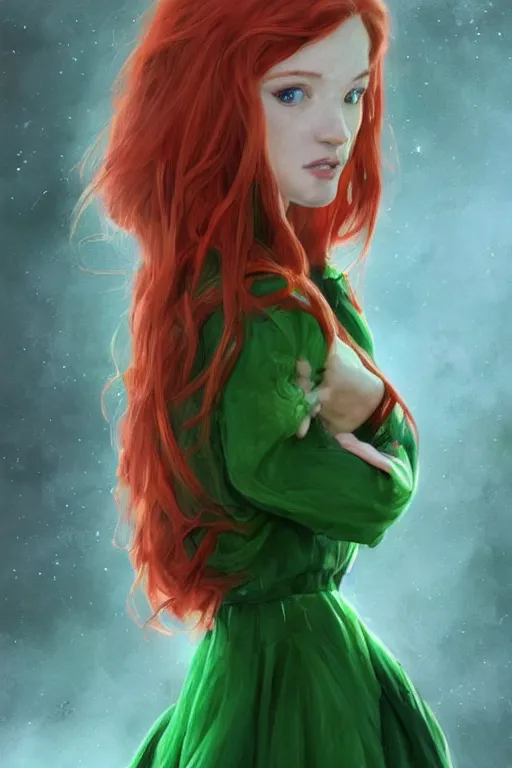 Image similar to beautiful cute red haired joyful and playful 1 9 year old maiden standing up in a green dress, long hair, sci - fi, fantasy, intricate, elegant, digital painting, artstation, concept art, smooth, 8 k frostbite 3 engine, ultra detailed, art by artgerm and greg rutkowski and magali villeneuve