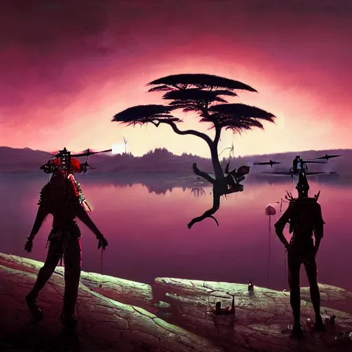 Image similar to a zulu cyberpunk hunter with a drone near a pink lake witha a baobab tree at sunset by greg rutkowski and android jones in a surreal portrait style, oil on canvas, backview, 8k resolution.