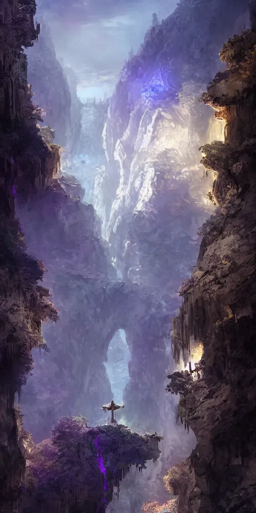 Image similar to Gorge in the mountain, white stone temple ruins, night dramatic lighting, blue and purple tones, wide camera angle, matte painting, trending on ArtStation, concept art, delightful surroundings, high detail