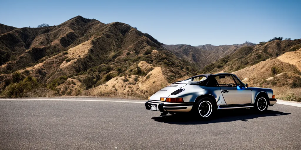 Image similar to photograph, rebadged, 1974 PORSCHE 911, roadster, by Pete Biro, press release, cinematic, malibu canyon, 8k, depth of field, bokeh ,